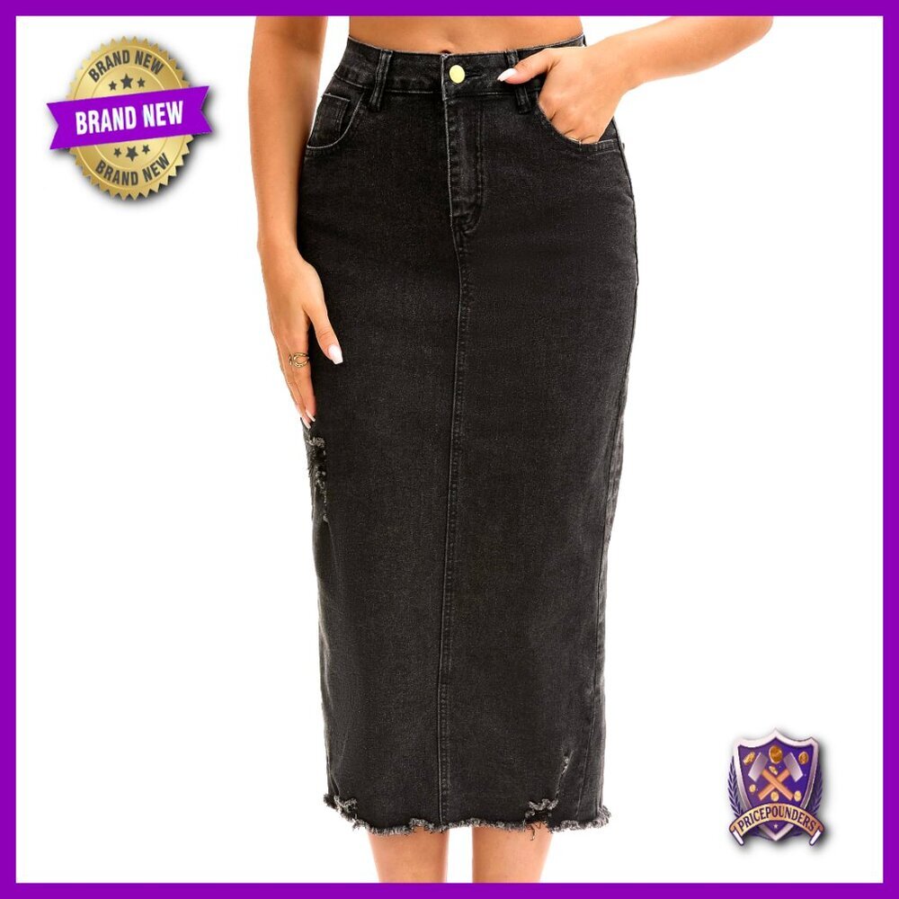 Long Denim Skirt Mid Waisted Stretch Ripped Raw Hem Split Casual Pencil Midi